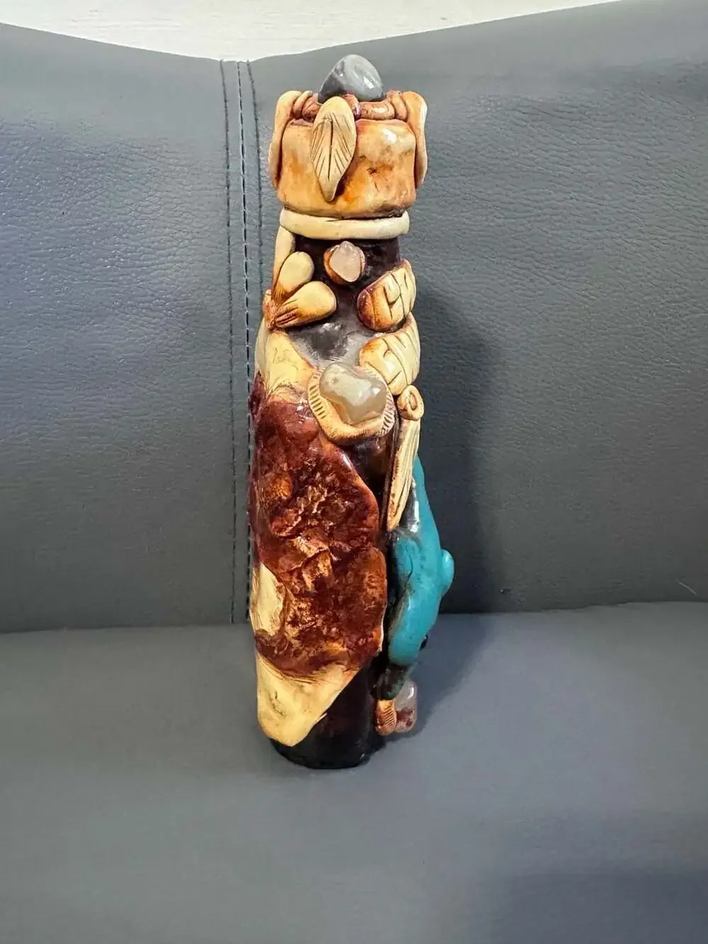 Handmade Mexican Aztec/Mayan Style Folk Art Decanter Bottle Dolphin Gem Accents
